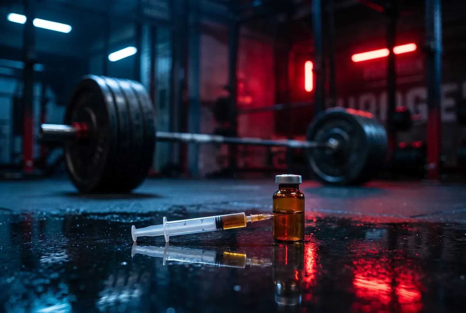 Seringue remplie depuis une fiole, démarrage puissant, disques de barbell en arrière-plan