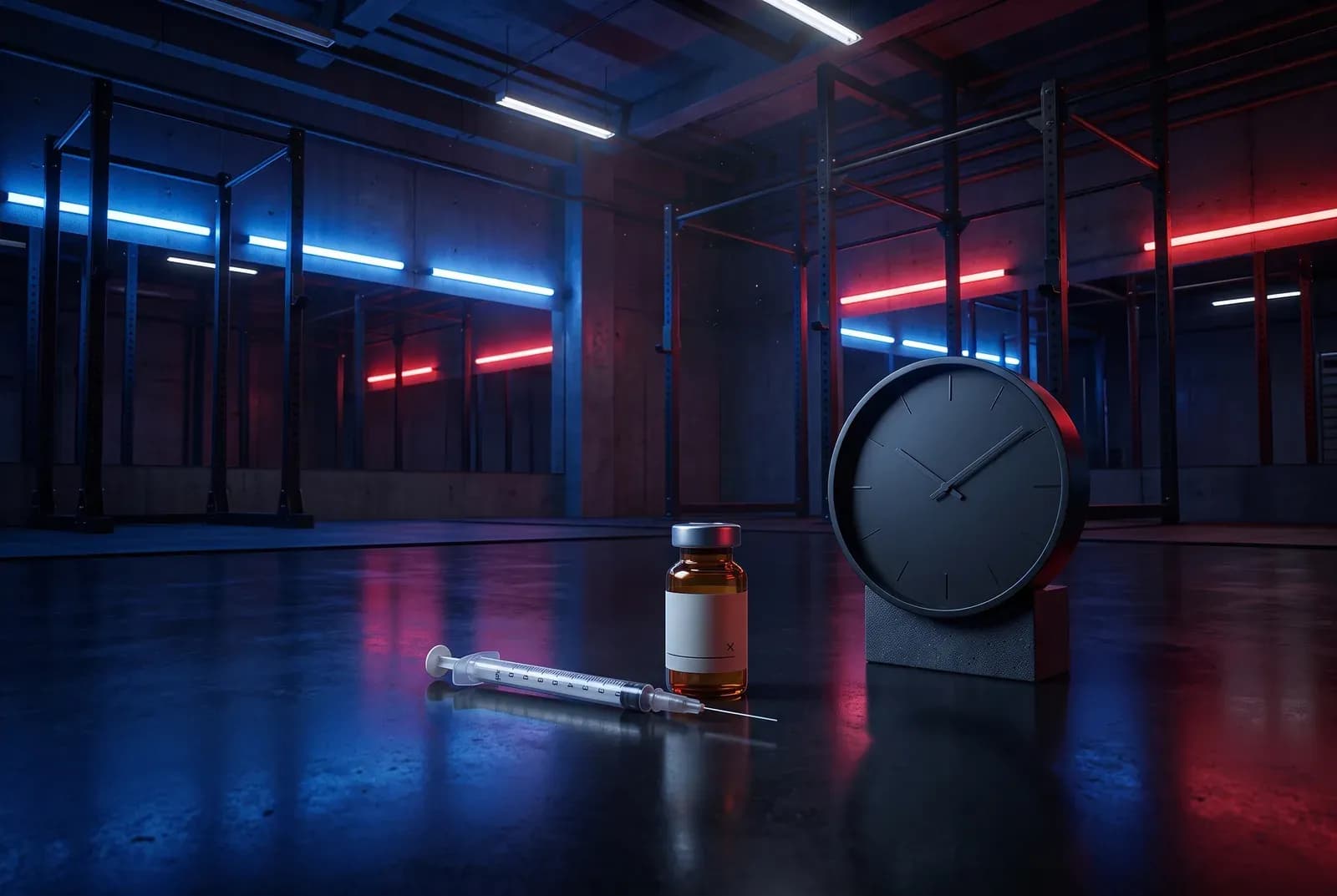 Seringue et fiole à côté d'une horloge minimaliste, concept de dosage précis