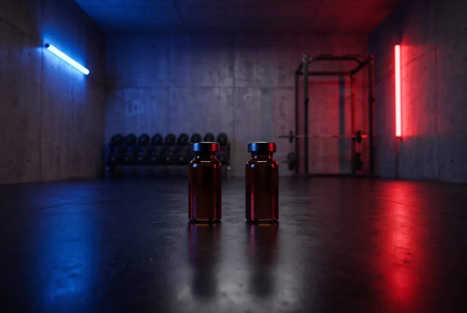 Deux fioles de testostérone face à face dans une salle de sport éclairée en bleu et rouge