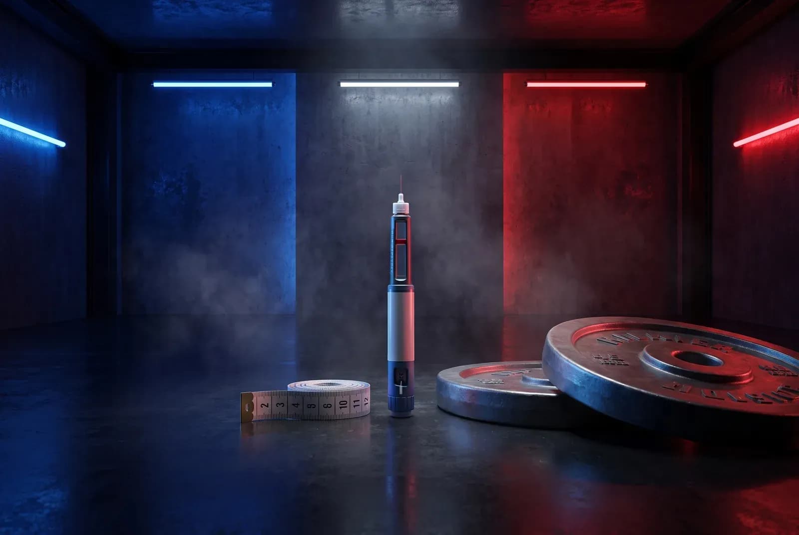 Stylo injecteur moderne, mètre ruban et disque de musculation dans une salle sombre