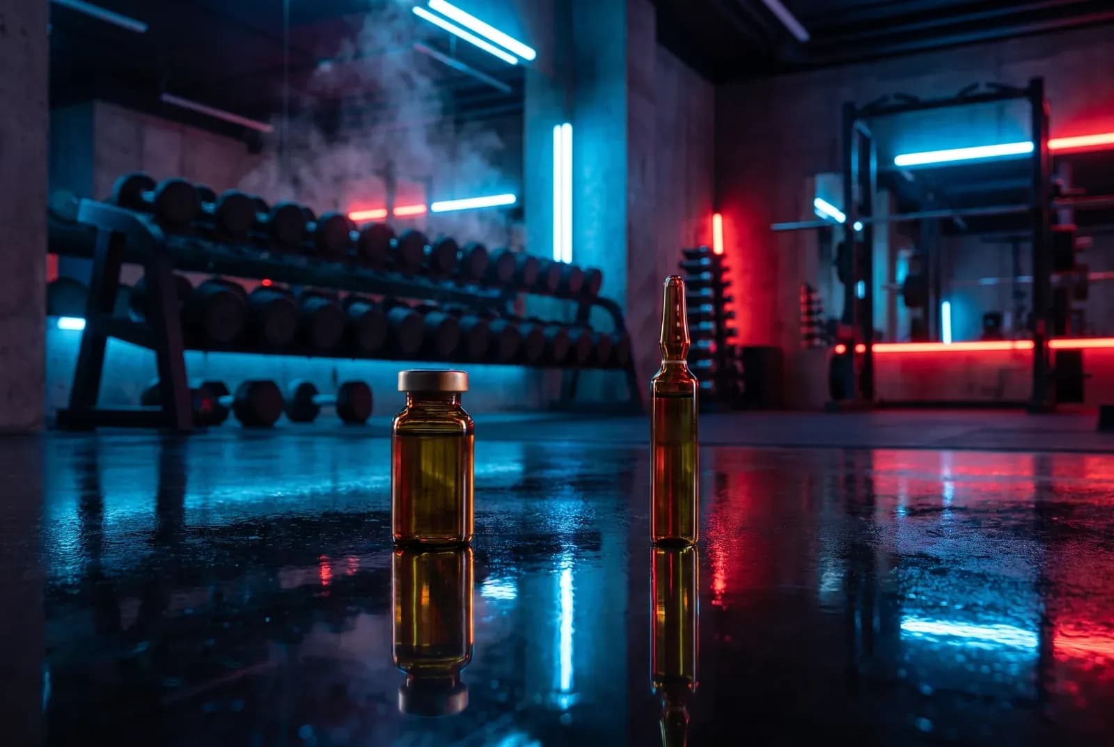 Deux fioles de trenbolone de tailles différentes dans une salle de sport sombre