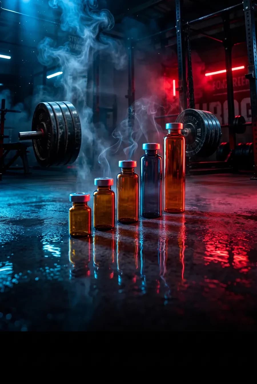 Configurateur Stack — fioles empilées sous néon bleu et rouge